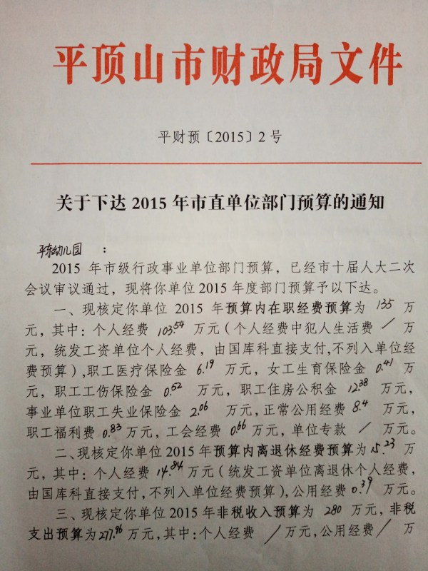 平东幼儿园2015年部门预算